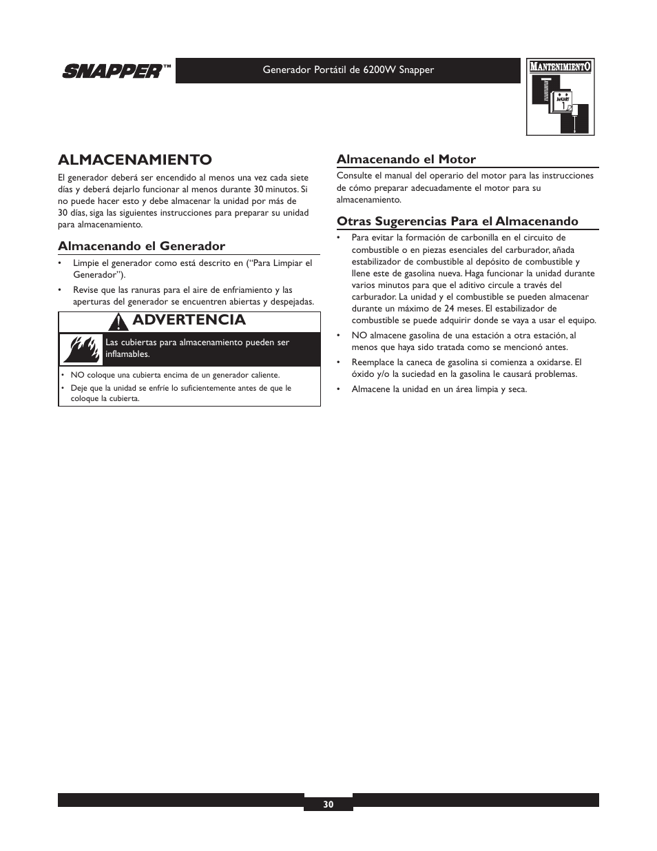 Almacenamiento, Advertencia | Snapper 30216 User Manual | Page 30 / 32