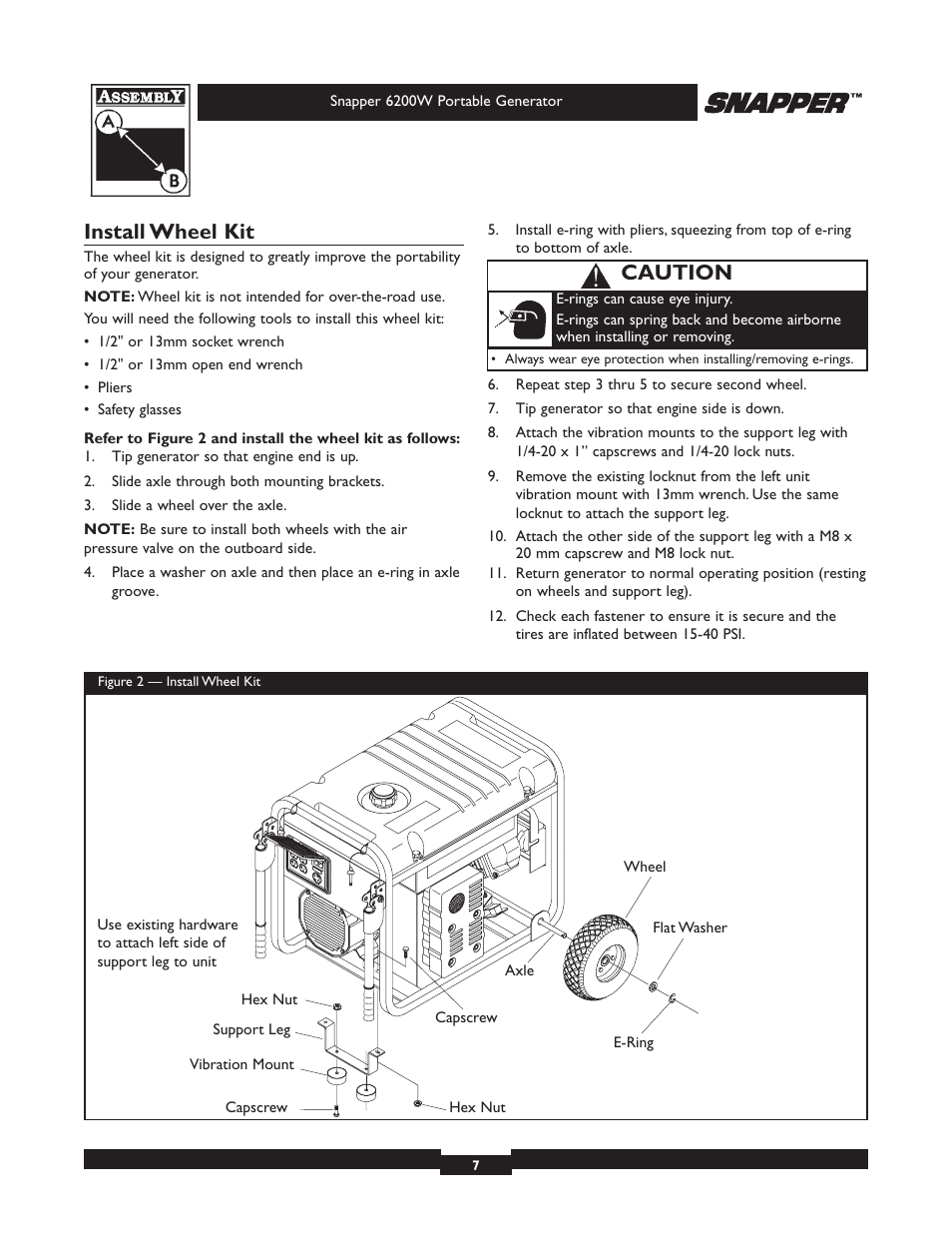 Install wheel kit, Caution | Snapper 30216 User Manual | Page 7 / 32