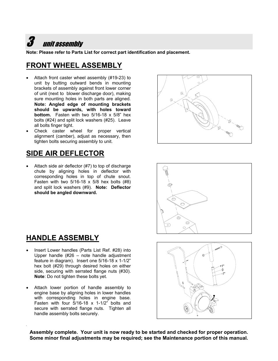 Unit assembly, Front wheel assembly, Side air deflector | Handle assembly | Snapper SLB55150BV User Manual | Page 5 / 12