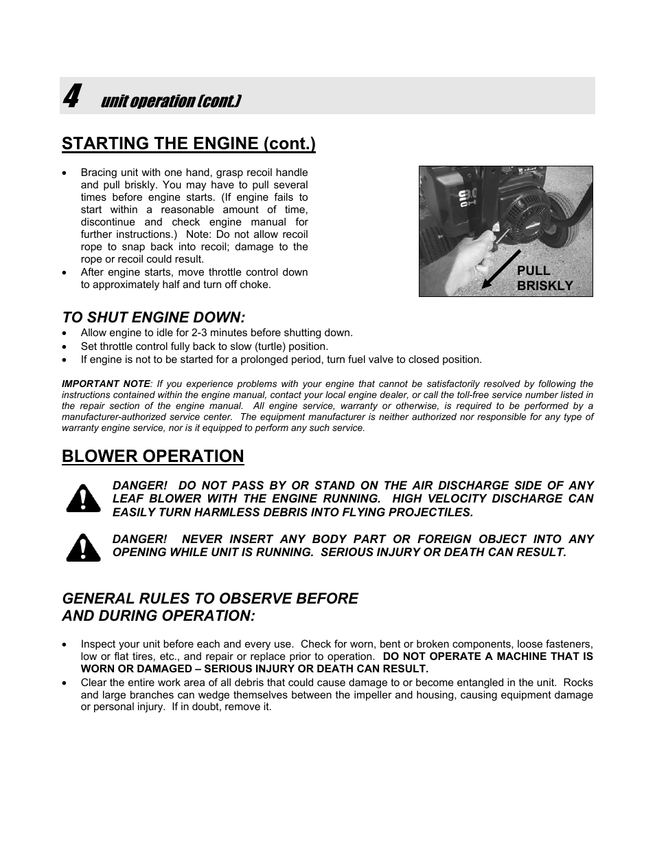 Unit operation (cont.) starting the engine (cont.), Blower operation | Snapper SLB55150BV User Manual | Page 7 / 12