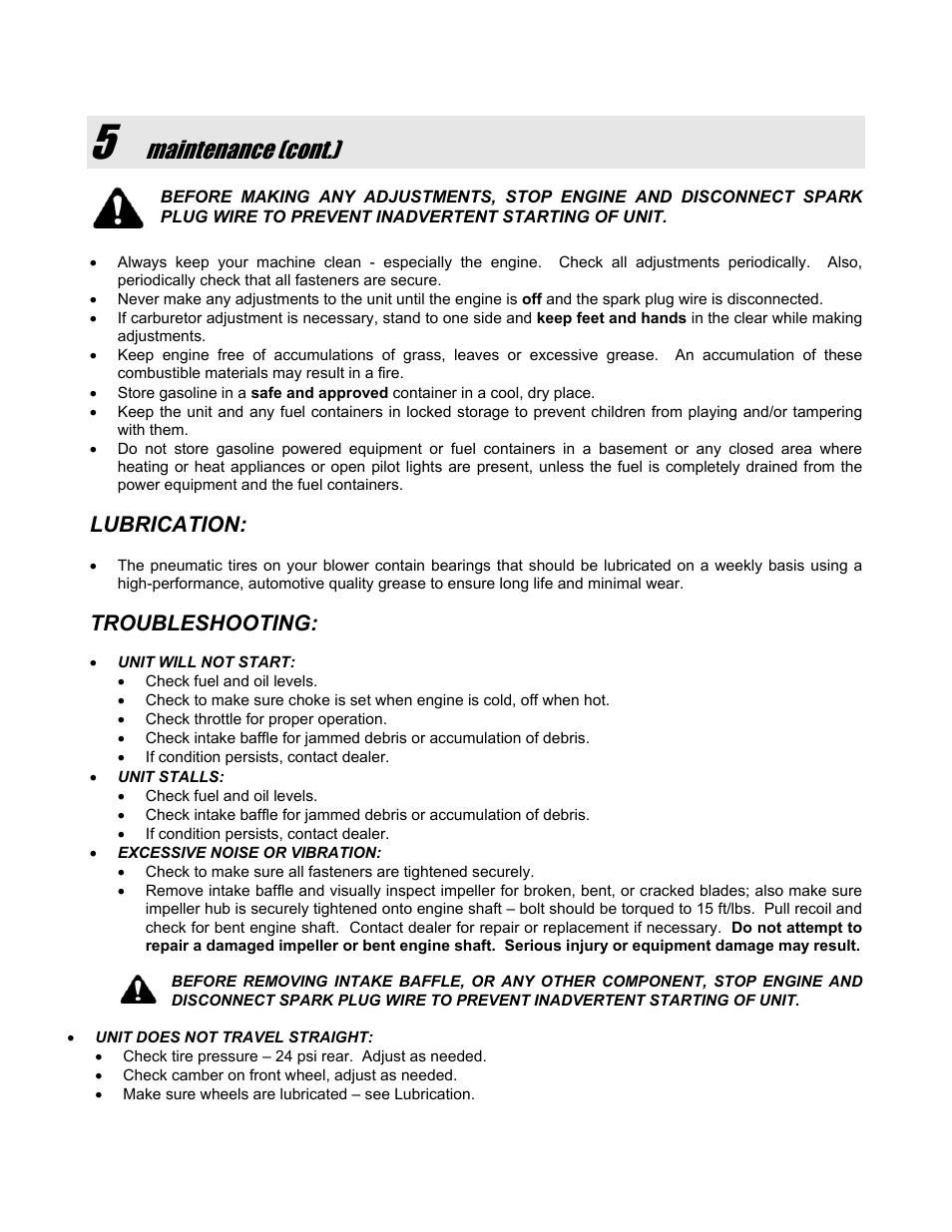 Maintenance (cont.), Lubrication, Troubleshooting | Snapper SLB55150BV User Manual | Page 9 / 12