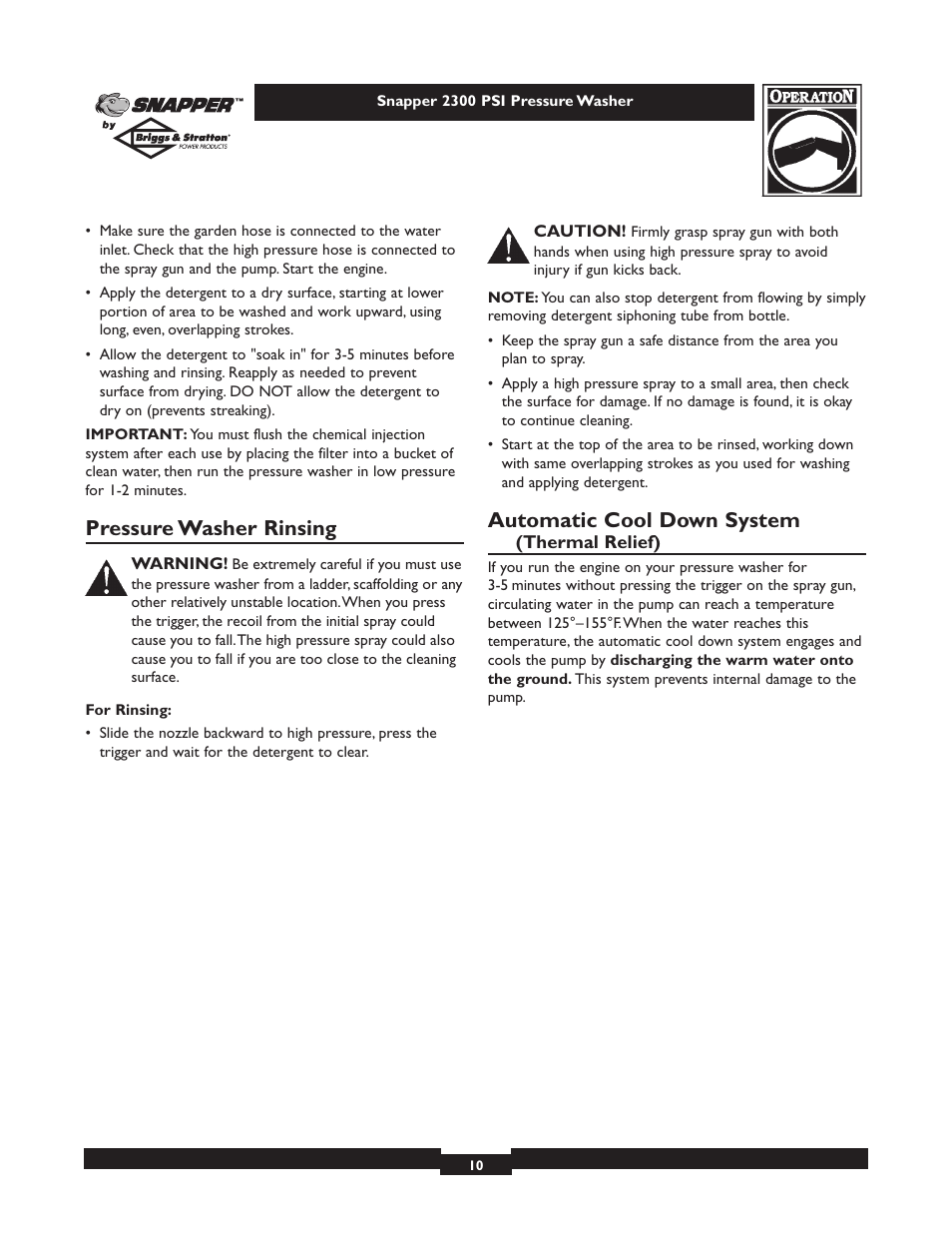 Pressure washer rinsing, Automatic cool down system | Snapper 1807-0 User Manual | Page 10 / 20