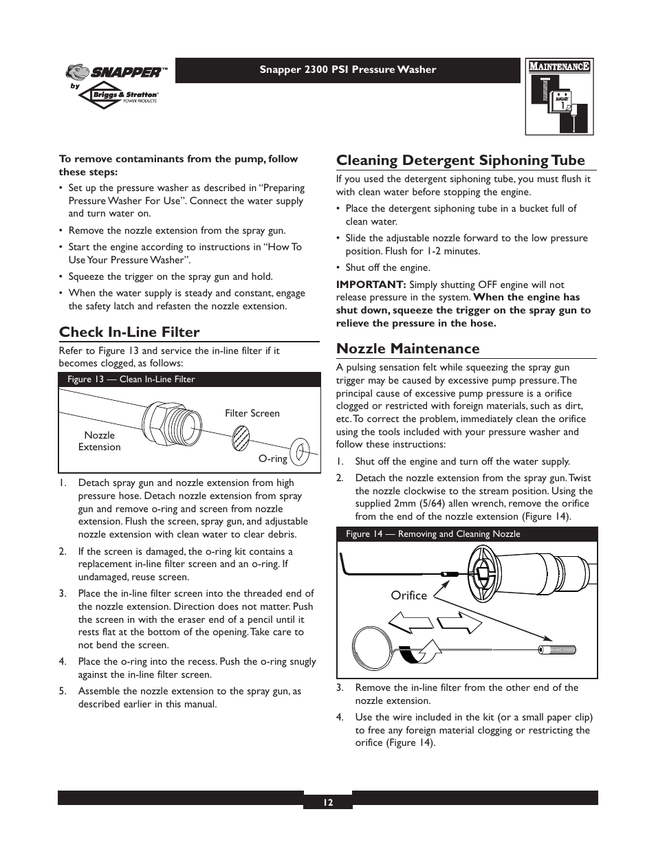 Check in-line filter, Cleaning detergent siphoning tube, Nozzle maintenance | Snapper 1807-0 User Manual | Page 12 / 20