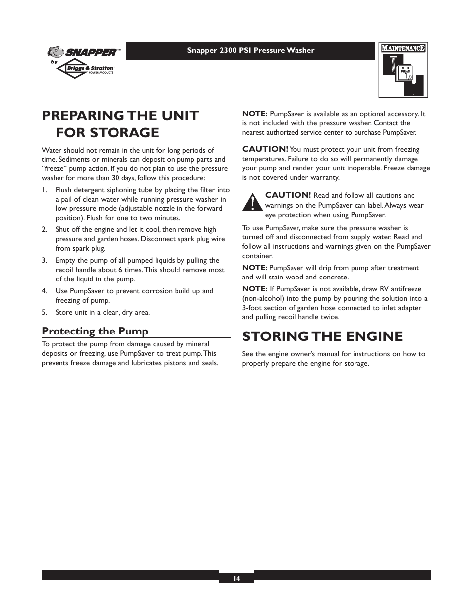 Preparing the unit for storage, Storing the engine, Protecting the pump | Snapper 1807-0 User Manual | Page 14 / 20