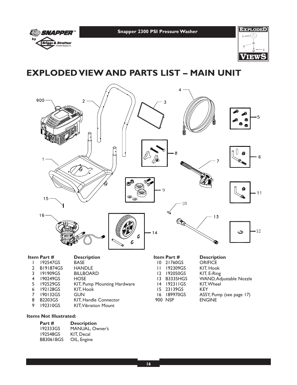 Exploded view and parts list – main unit | Snapper 1807-0 User Manual | Page 16 / 20