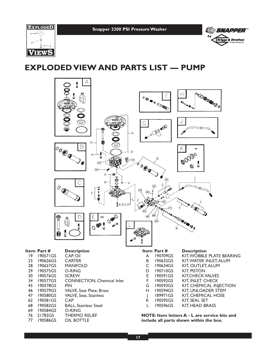 Exploded view and parts list — pump | Snapper 1807-0 User Manual | Page 17 / 20