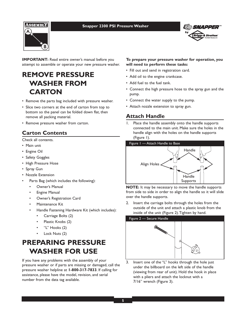 Remove pressure washer from carton, Preparing pressure washer for use, Carton contents | Attach handle | Snapper 1807-0 User Manual | Page 5 / 20