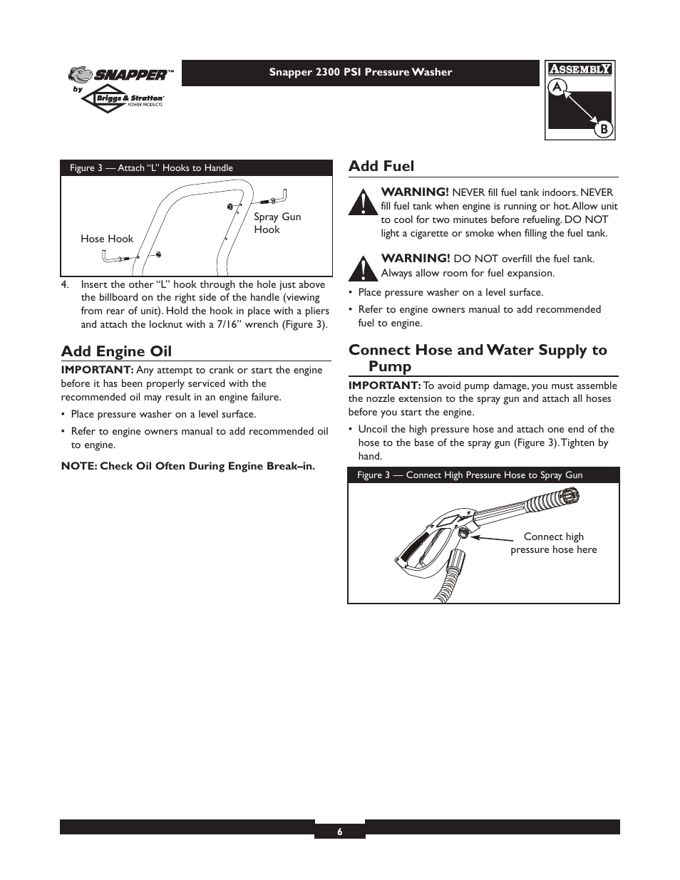 Add engine oil, Add fuel, Connect hose and water supply to pump | Snapper 1807-0 User Manual | Page 6 / 20