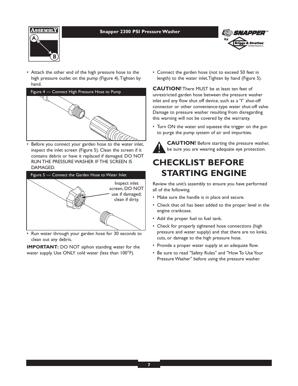 Checklist before starting engine | Snapper 1807-0 User Manual | Page 7 / 20