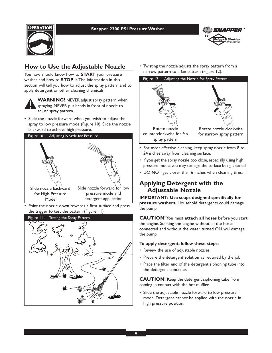 How to use the adjustable nozzle, Applying detergent with the adjustable nozzle | Snapper 1807-0 User Manual | Page 9 / 20