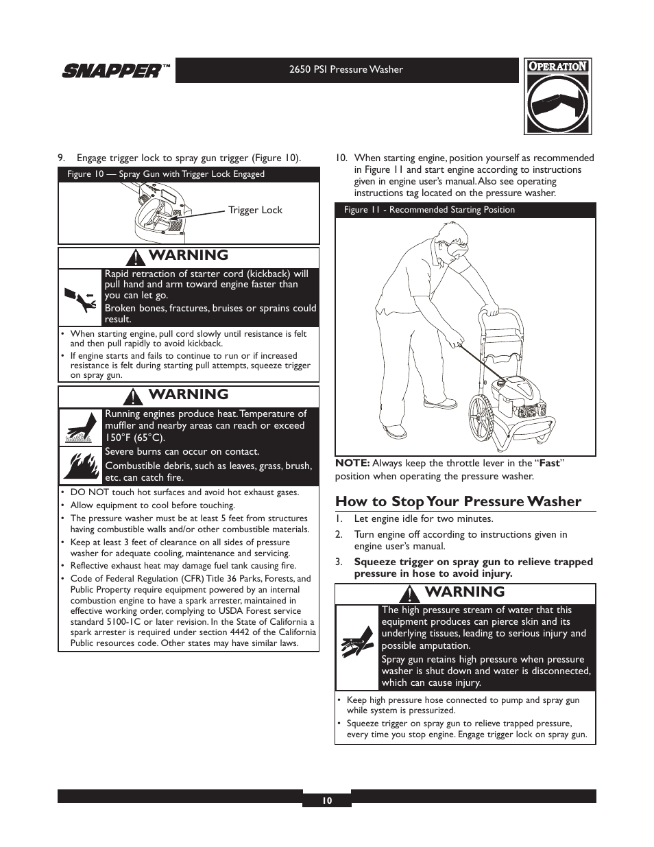 How to stop your pressure washer, Warning | Snapper 020230 User Manual | Page 10 / 36