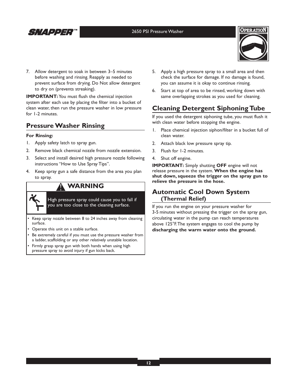 Pressure washer rinsing, Cleaning detergent siphoning tube, Automatic cool down system | Warning | Snapper 020230 User Manual | Page 12 / 36