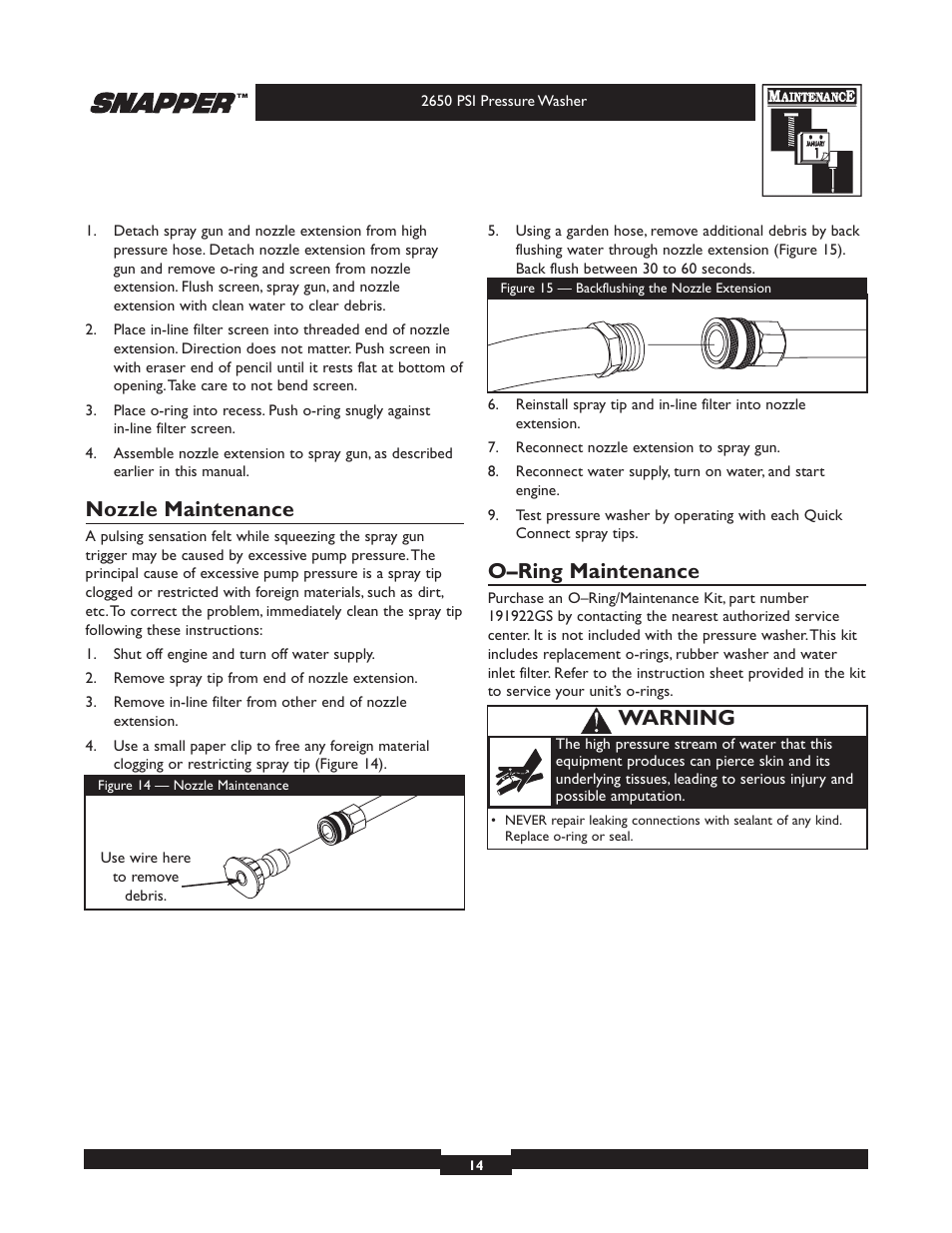 Nozzle maintenance, O–ring maintenance, Warning | Snapper 020230 User Manual | Page 14 / 36