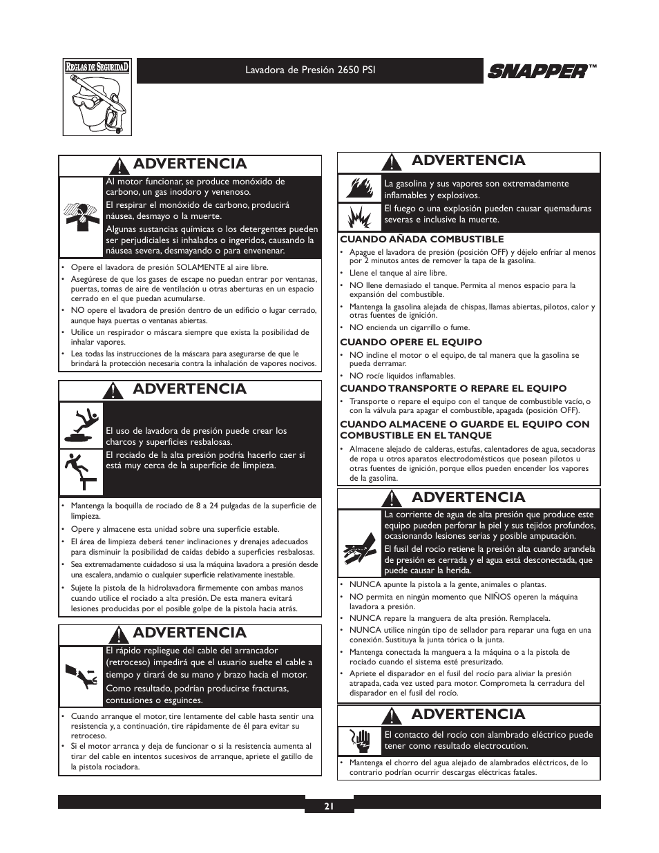 Advertencia | Snapper 020230 User Manual | Page 21 / 36