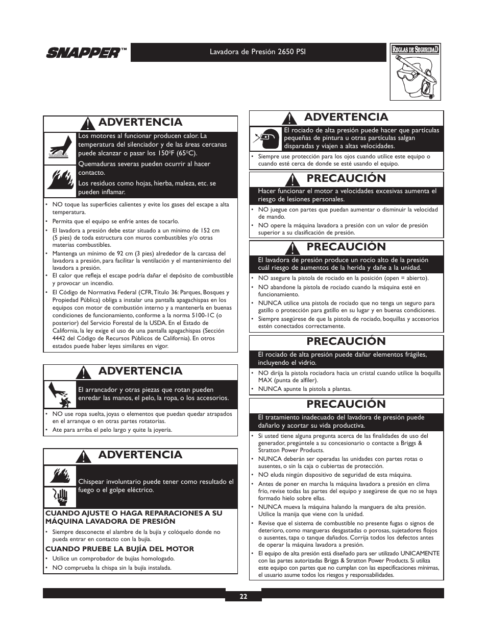 Precaución, Advertencia | Snapper 020230 User Manual | Page 22 / 36