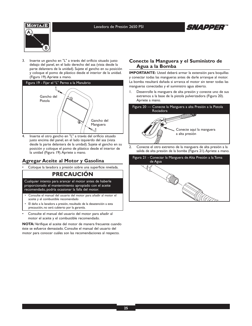 Precaución, Agregar aceite al motor y gasolina | Snapper 020230 User Manual | Page 25 / 36