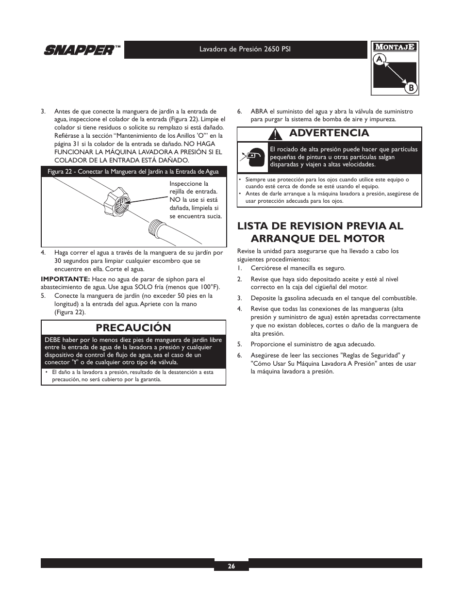 Lista de revision previa al arranque del motor, Precaución, Advertencia | Snapper 020230 User Manual | Page 26 / 36