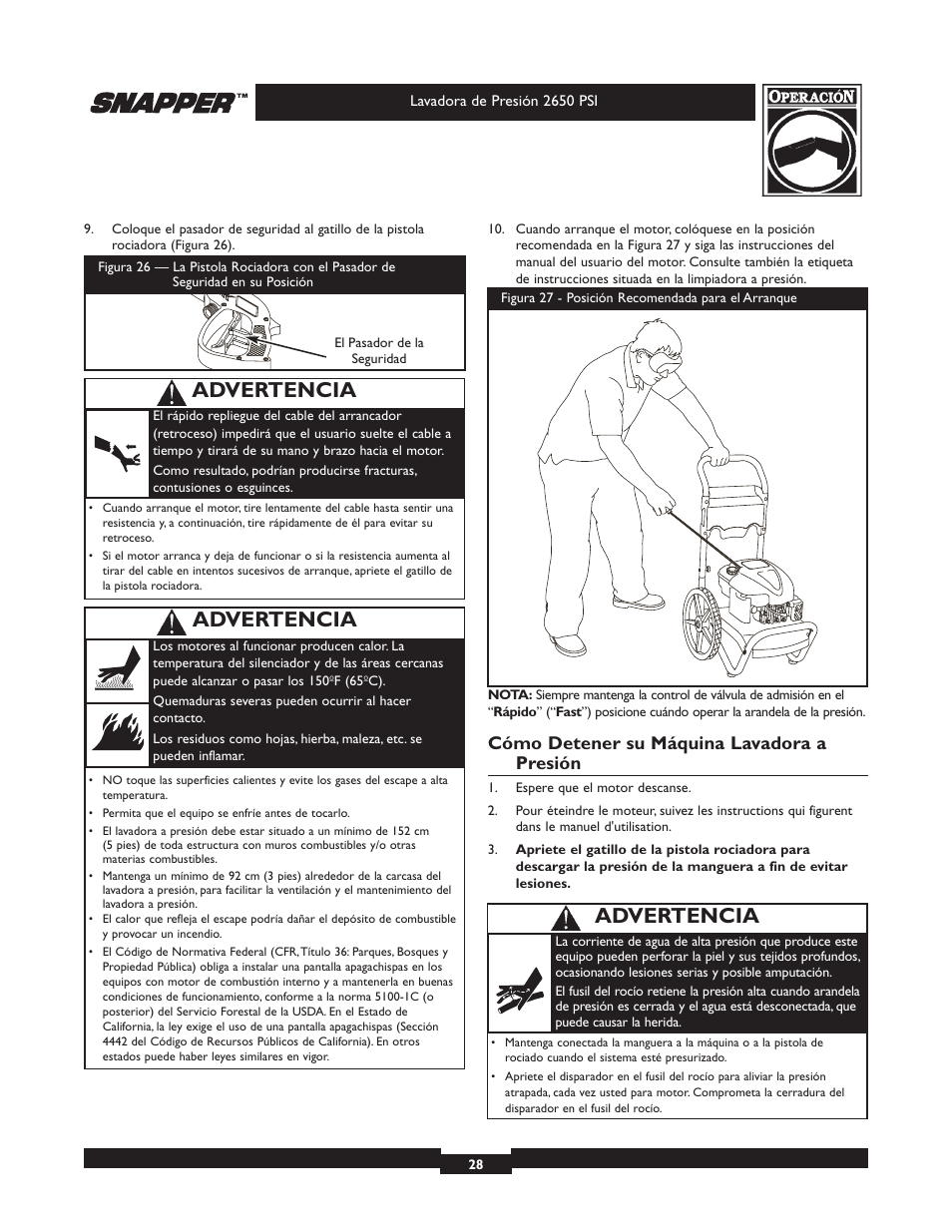 Advertencia, Cómo detener su máquina lavadora a presión | Snapper 020230 User Manual | Page 28 / 36