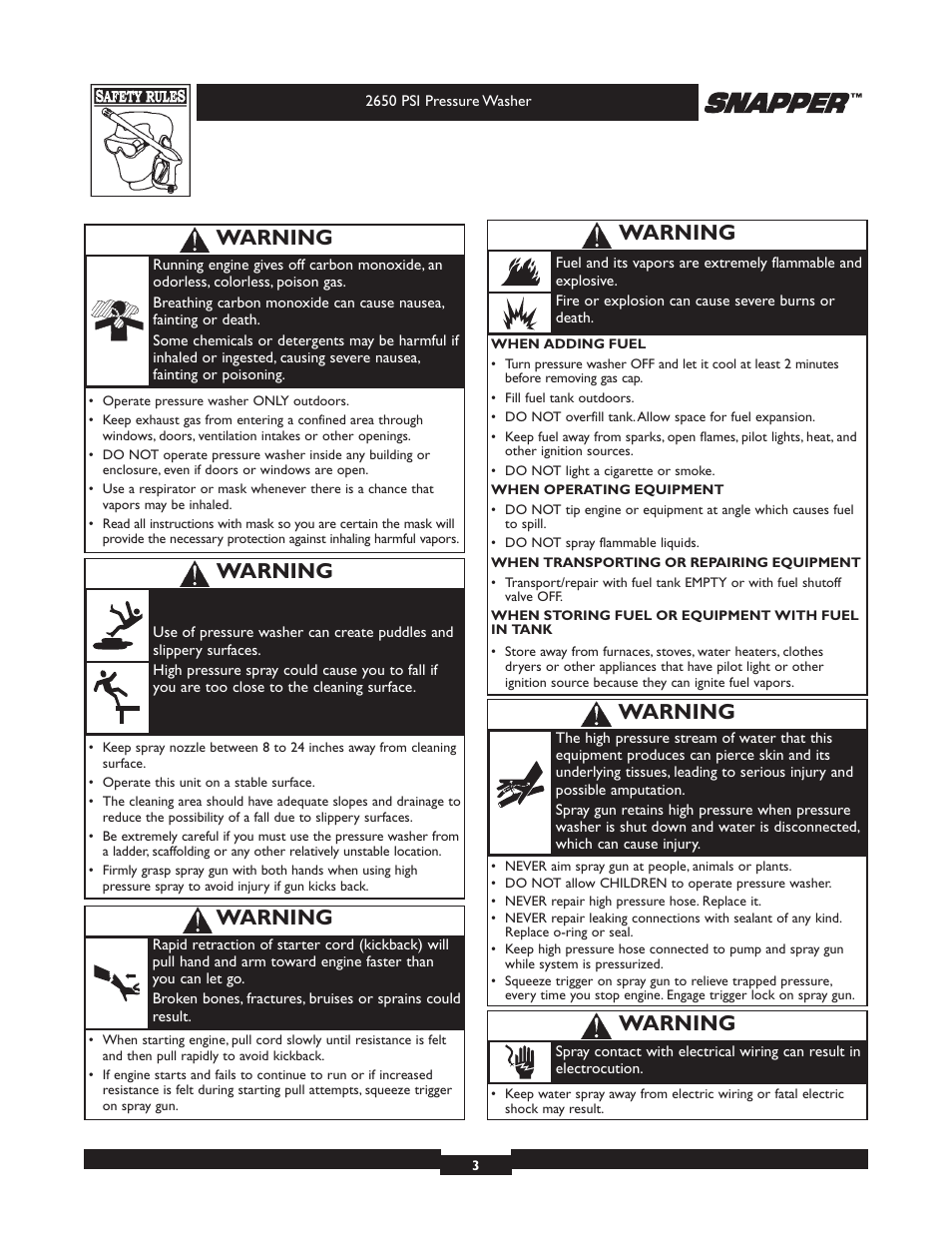 Warning | Snapper 020230 User Manual | Page 3 / 36