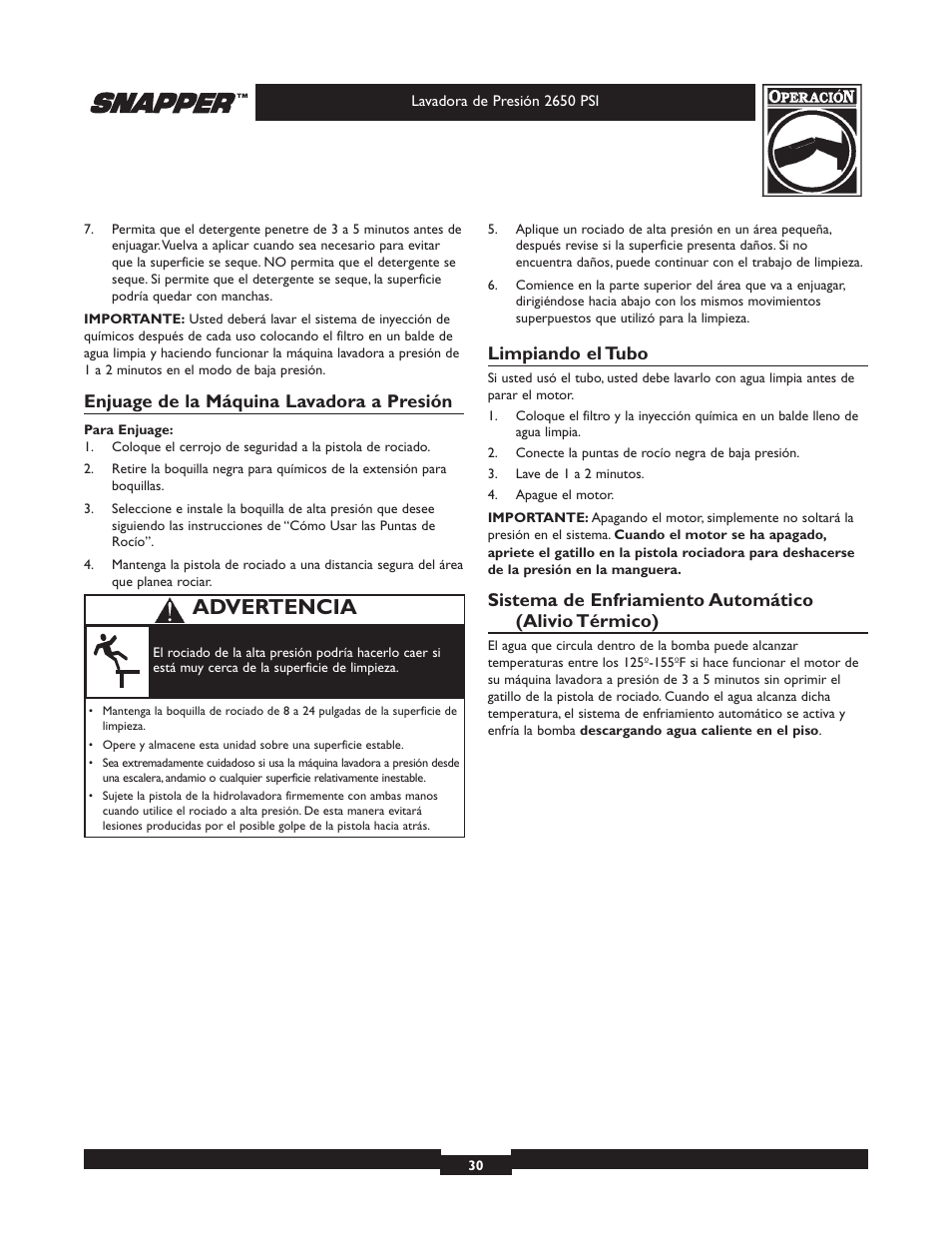 Advertencia, Enjuage de la máquina lavadora a presión, Limpiando el tubo | Snapper 020230 User Manual | Page 30 / 36