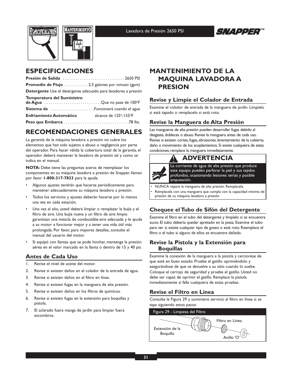 Especificaciones, Recomendaciones generales, Mantenimiento de la maquina lavadora a presion | Advertencia | Snapper 020230 User Manual | Page 31 / 36