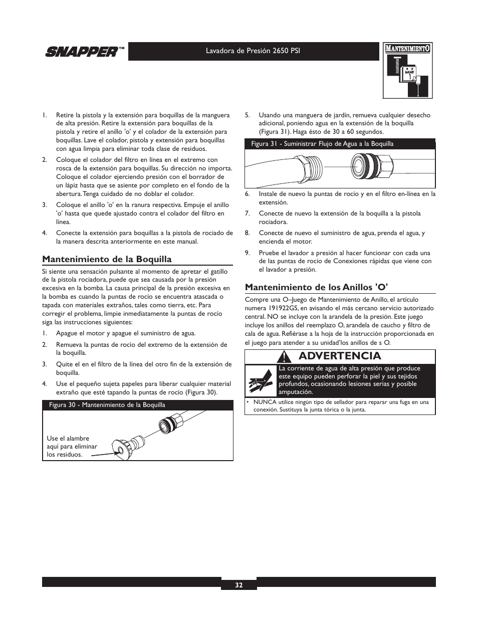 Advertencia, Mantenimiento de la boquilla, Mantenimiento de los anillos 'o | Snapper 020230 User Manual | Page 32 / 36