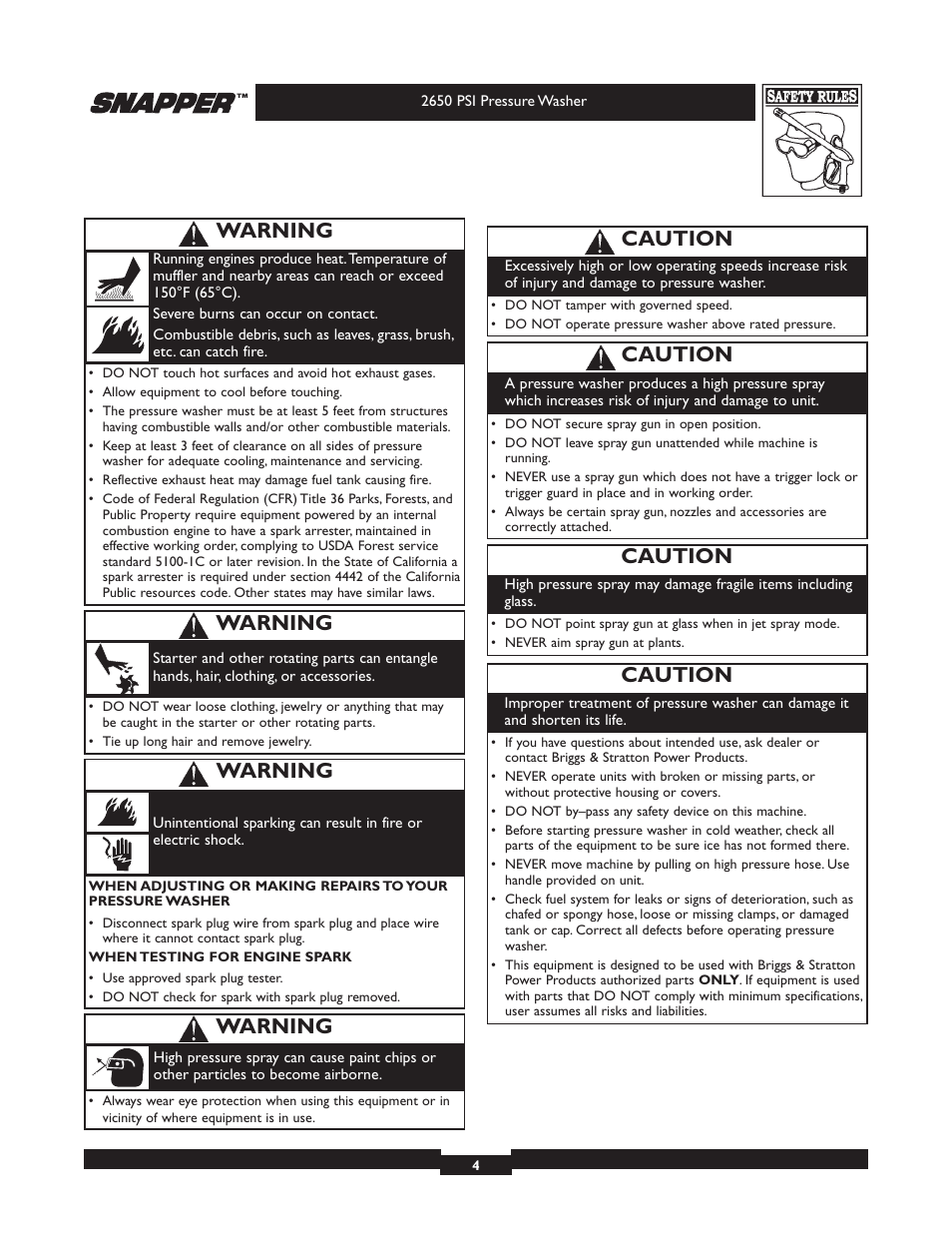 Caution, Warning | Snapper 020230 User Manual | Page 4 / 36