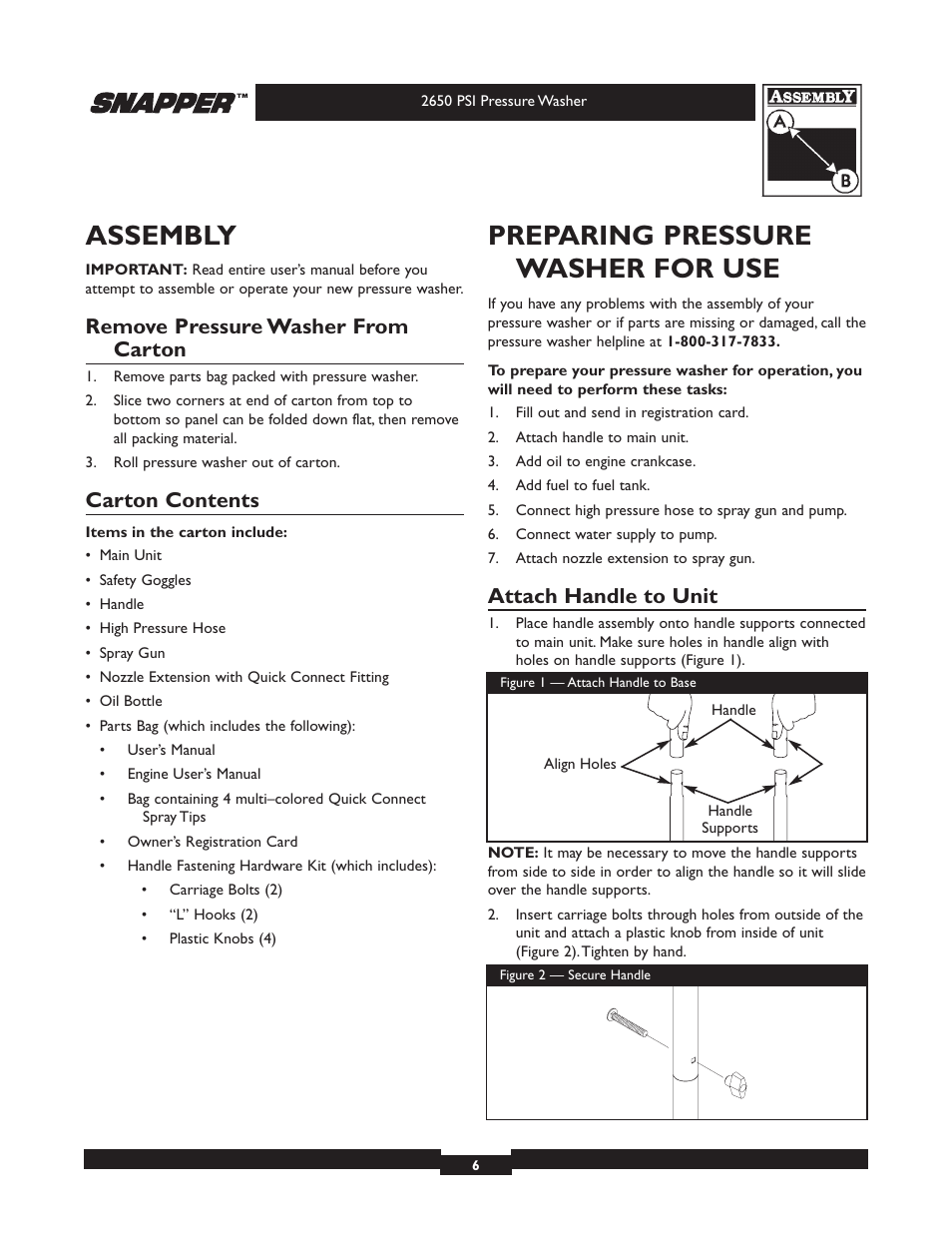 Assembly, Preparing pressure washer for use, Remove pressure washer from carton | Carton contents, Attach handle to unit | Snapper 020230 User Manual | Page 6 / 36