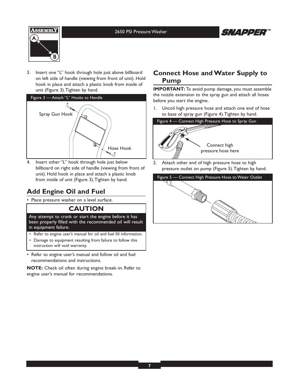 Add engine oil and fuel, Connect hose and water supply to pump, Caution | Snapper 020230 User Manual | Page 7 / 36