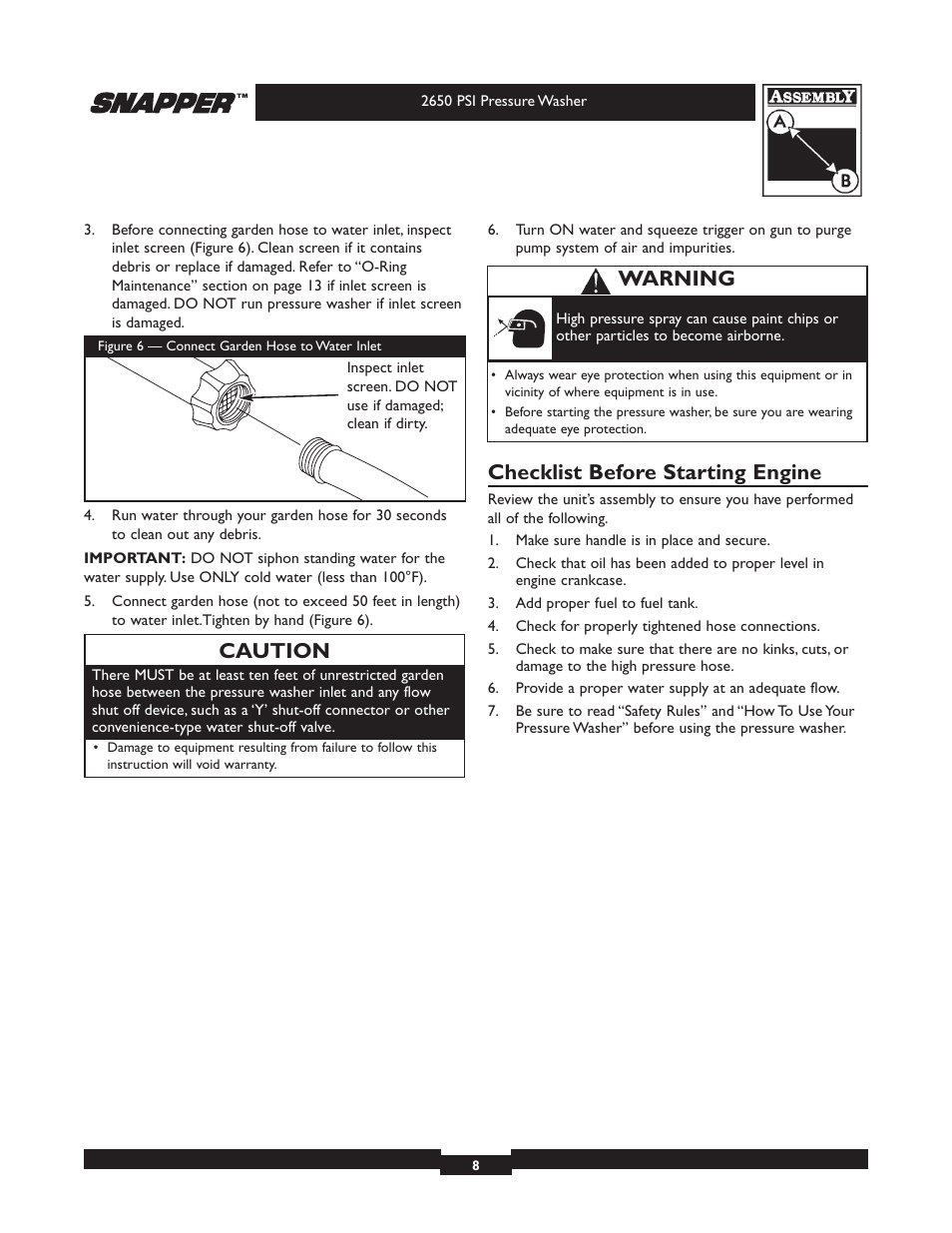 Checklist before starting engine, Caution, Warning | Snapper 020230 User Manual | Page 8 / 36