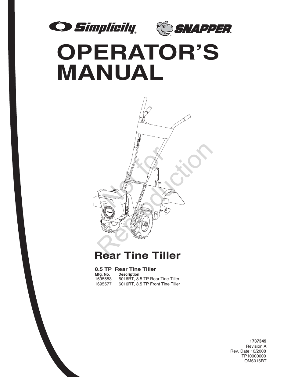 Snapper 8.5 TP User Manual | 24 pages