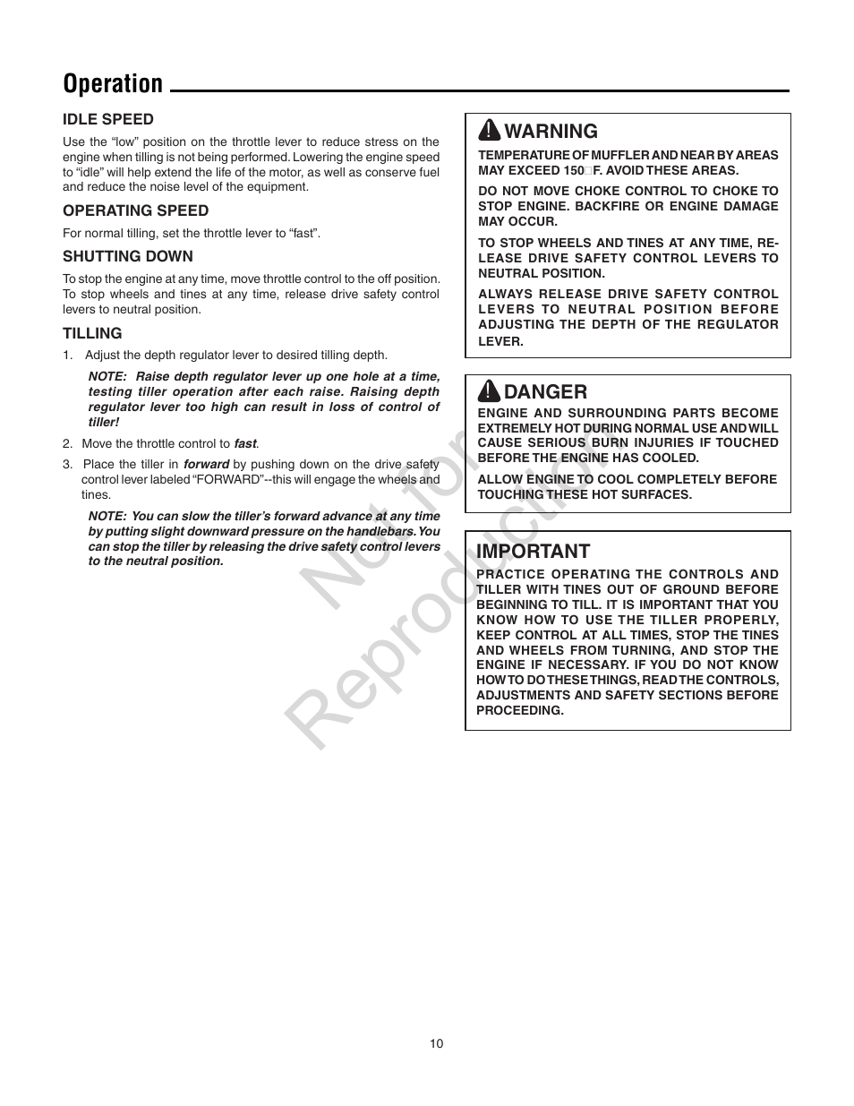 Not for reproduction, Operation | Snapper 8.5 TP User Manual | Page 10 / 24