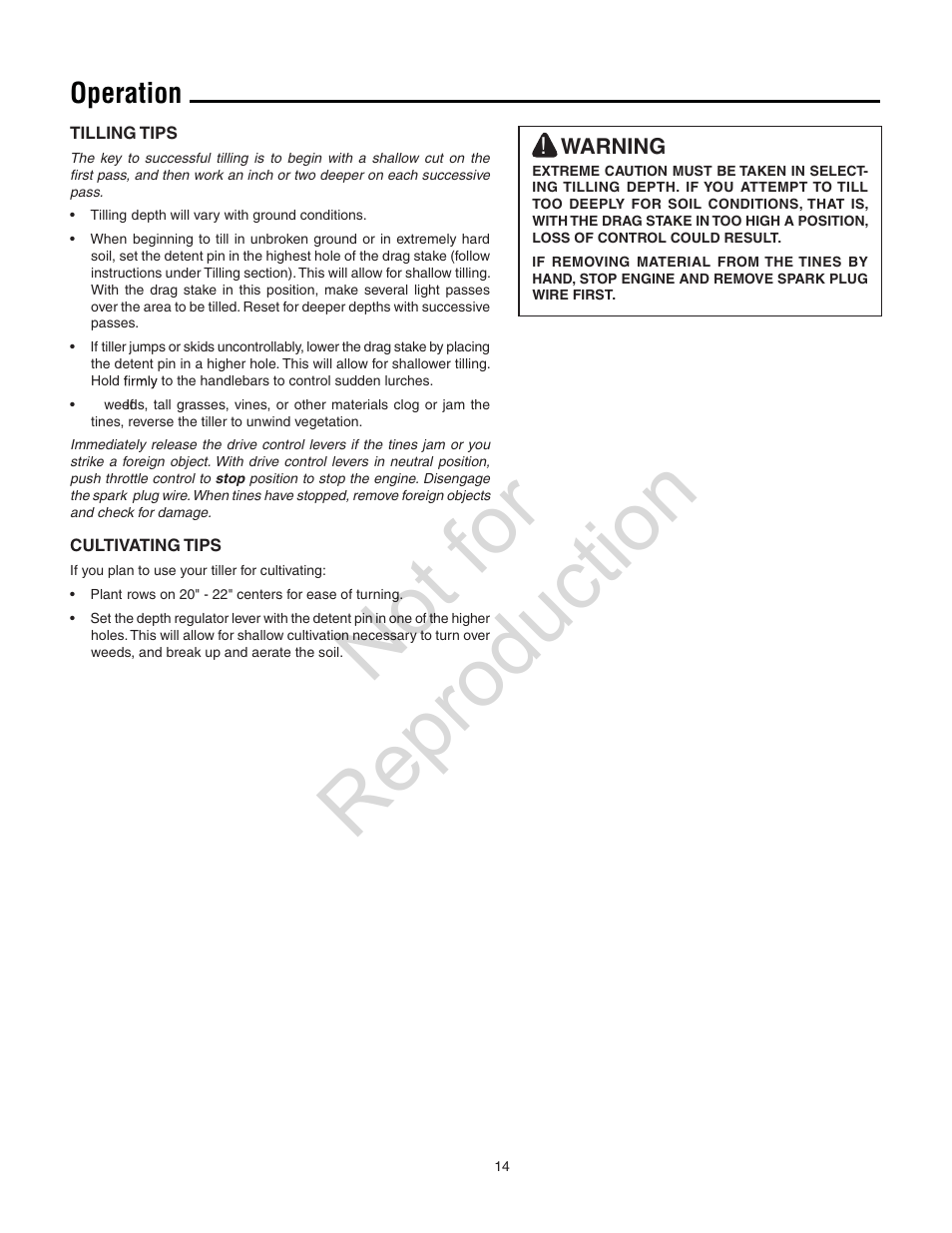 Not for reproduction, Operation | Snapper 8.5 TP User Manual | Page 14 / 24