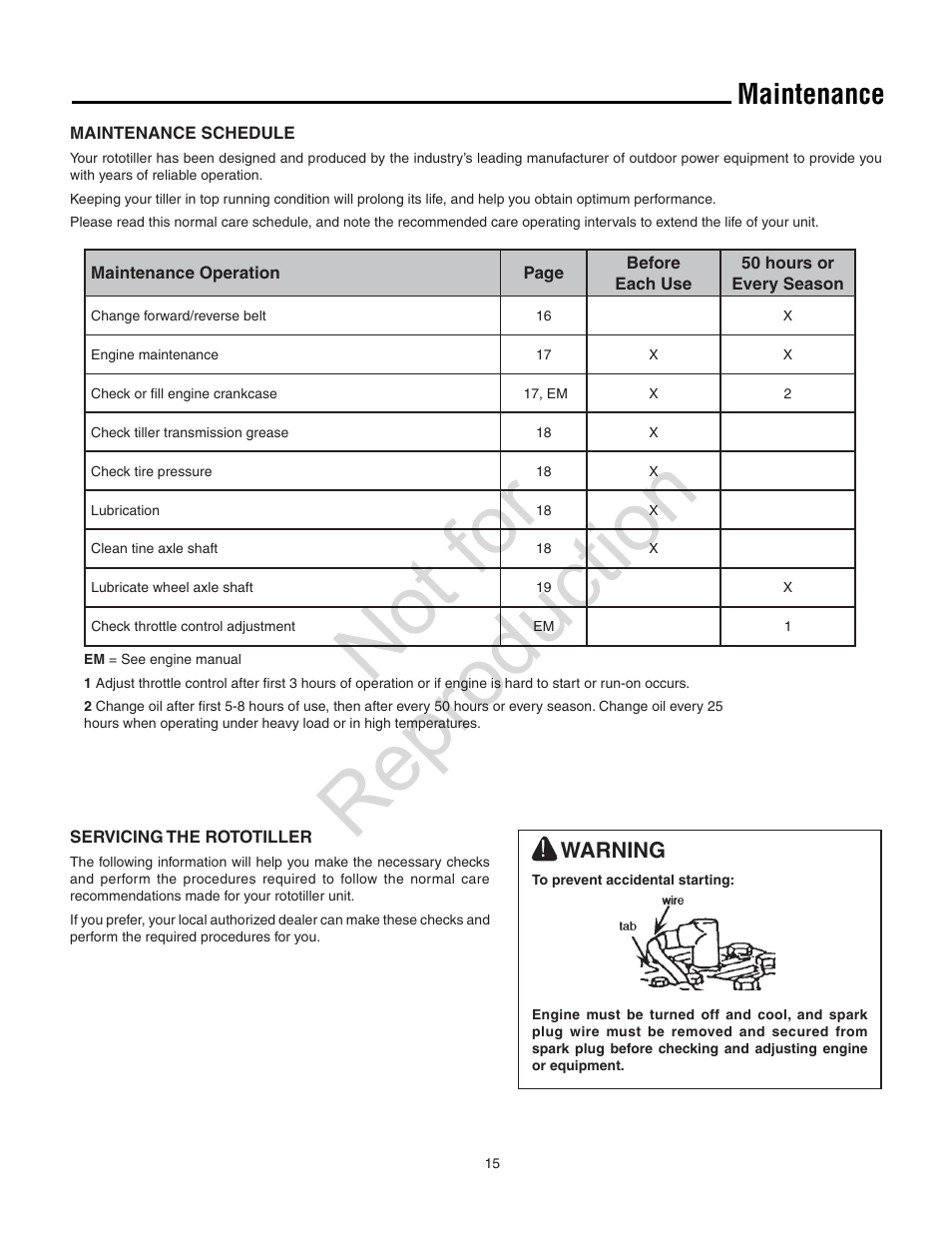 Not for reproduction, Maintenance | Snapper 8.5 TP User Manual | Page 15 / 24