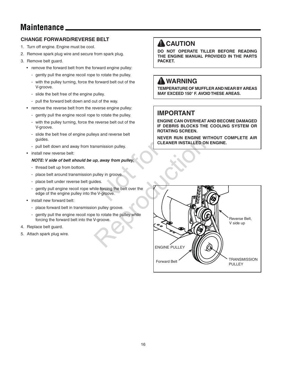 Not for reproduction, Maintenance | Snapper 8.5 TP User Manual | Page 16 / 24