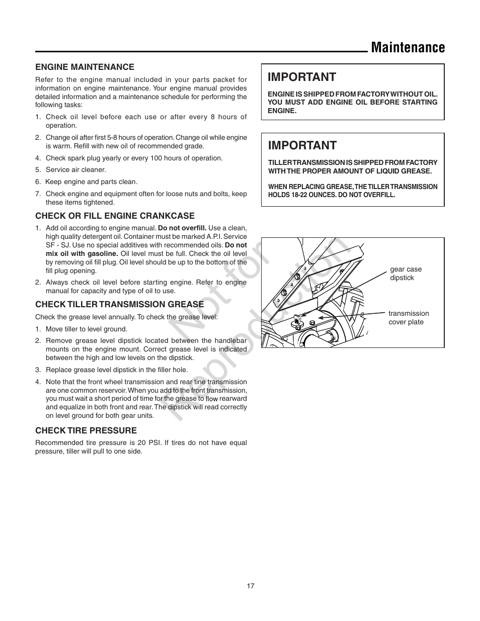 Not for reproduction, Maintenance | Snapper 8.5 TP User Manual | Page 17 / 24