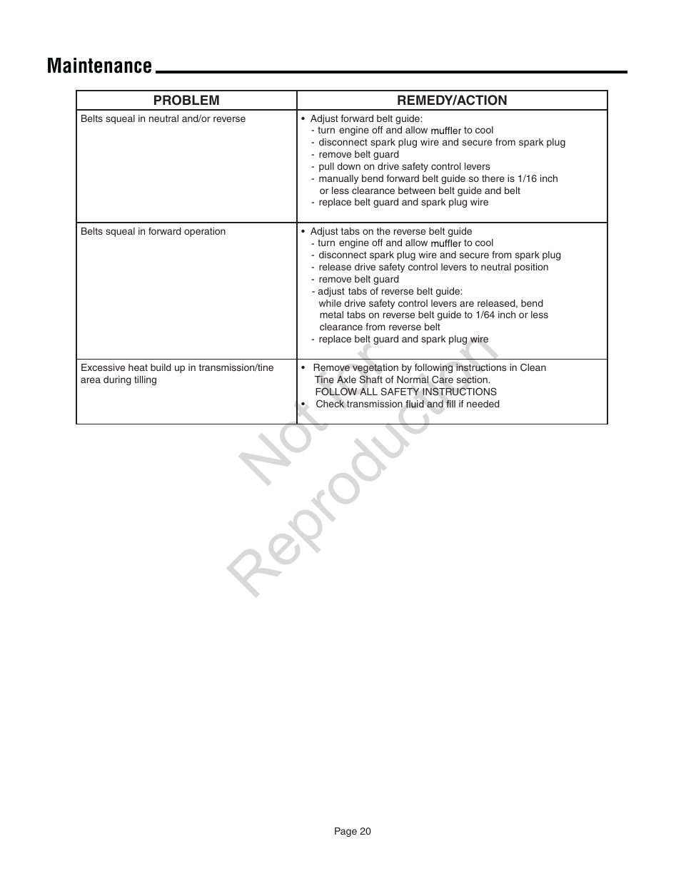 Not for reproduction, Maintenance | Snapper 8.5 TP User Manual | Page 20 / 24