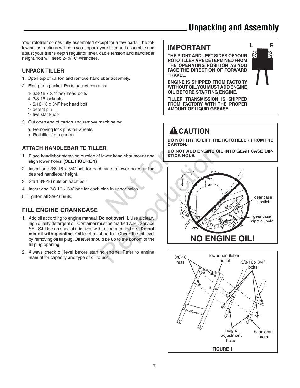 Not for reproduction, Unpacking and assembly, No engine oil | Important, Caution | Snapper 8.5 TP User Manual | Page 7 / 24