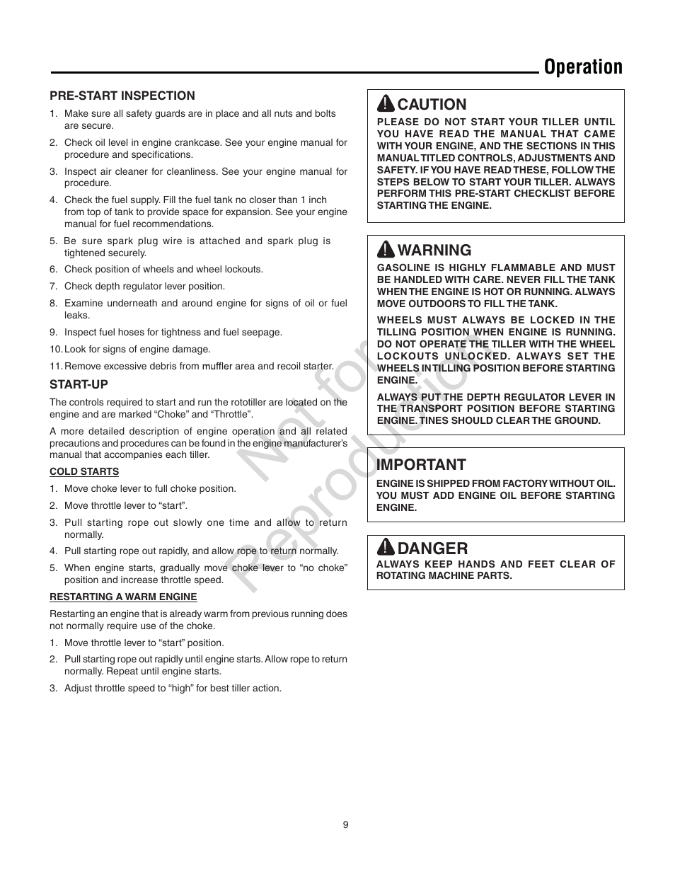 Not for reproduction, Operation, Danger | Snapper 8.5 TP User Manual | Page 9 / 24