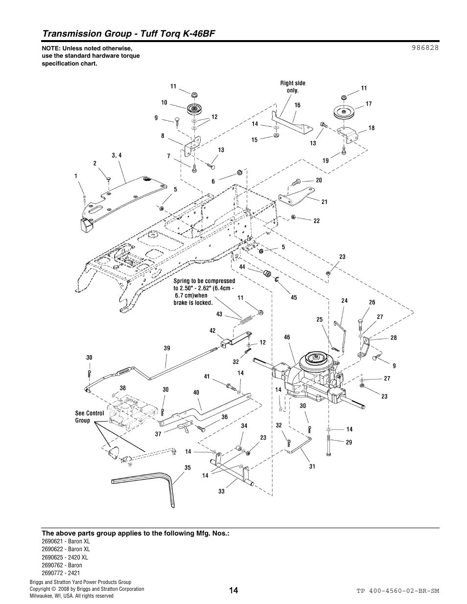 Transmission group - tuff torq k-46bf | Snapper 4560 User Manual | Page 14 / 58