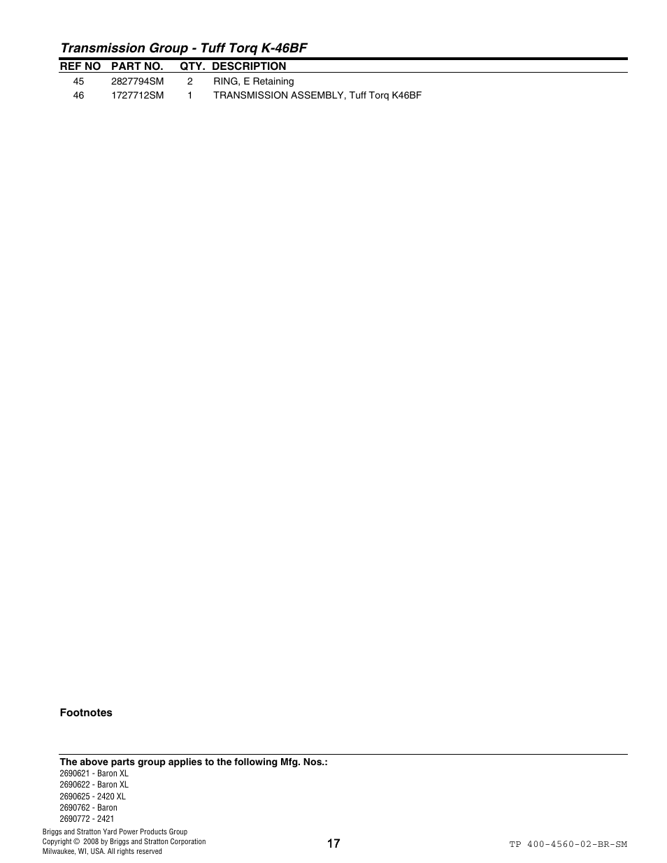 Transmission group - tuff torq k-46bf | Snapper 4560 User Manual | Page 17 / 58