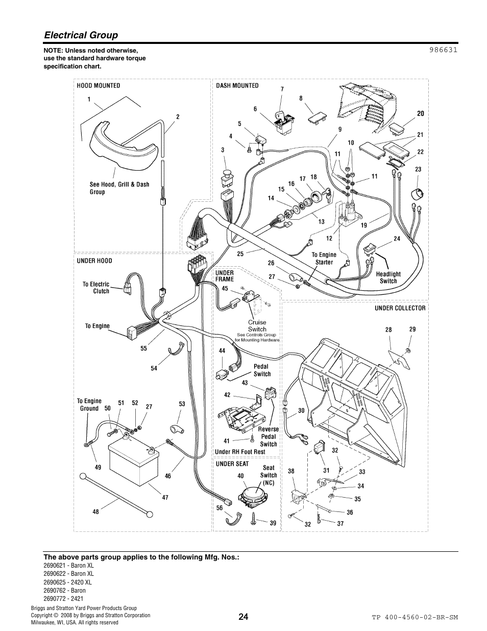 Electrical group | Snapper 4560 User Manual | Page 24 / 58