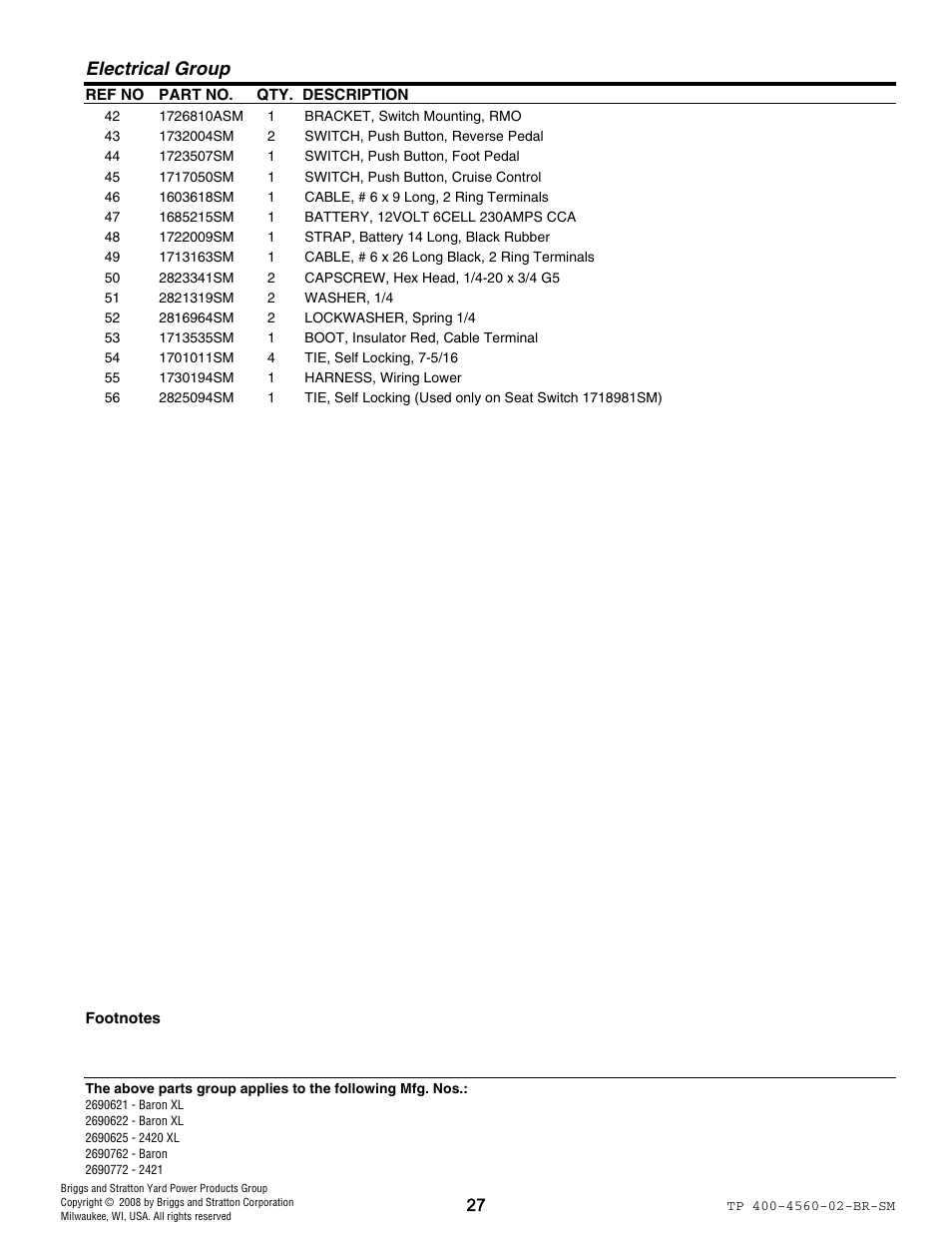 Electrical group | Snapper 4560 User Manual | Page 27 / 58