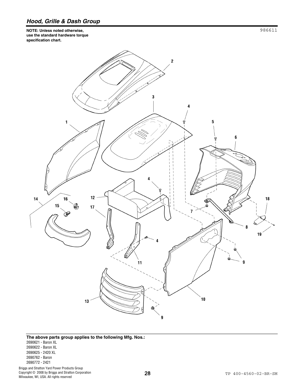 Hood, grille & dash group | Snapper 4560 User Manual | Page 28 / 58