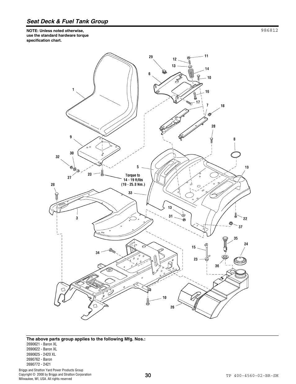 Seat deck & fuel tank group | Snapper 4560 User Manual | Page 30 / 58