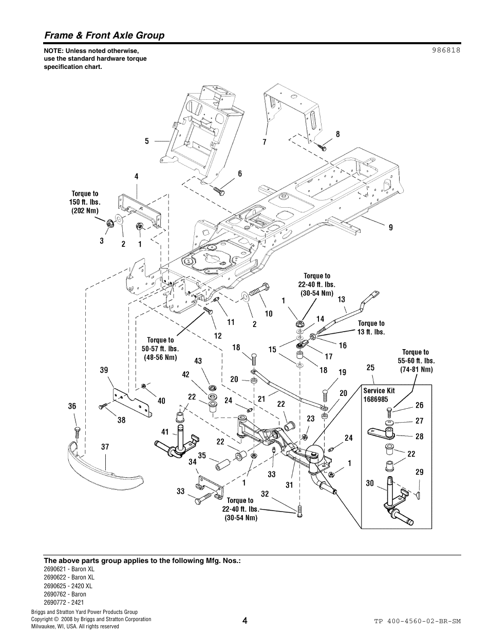 Frame & front axle group | Snapper 4560 User Manual | Page 4 / 58
