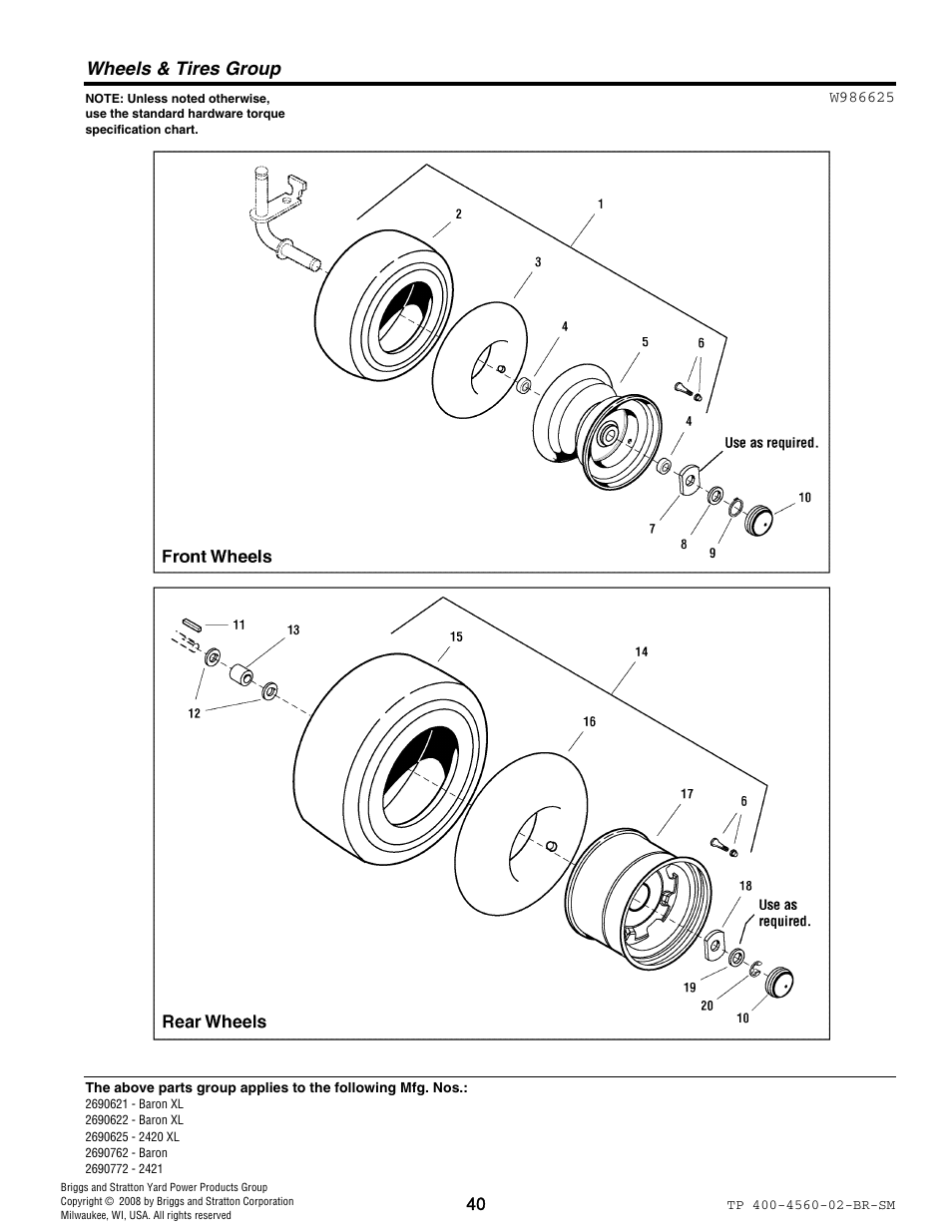 Wheels & tires group | Snapper 4560 User Manual | Page 40 / 58