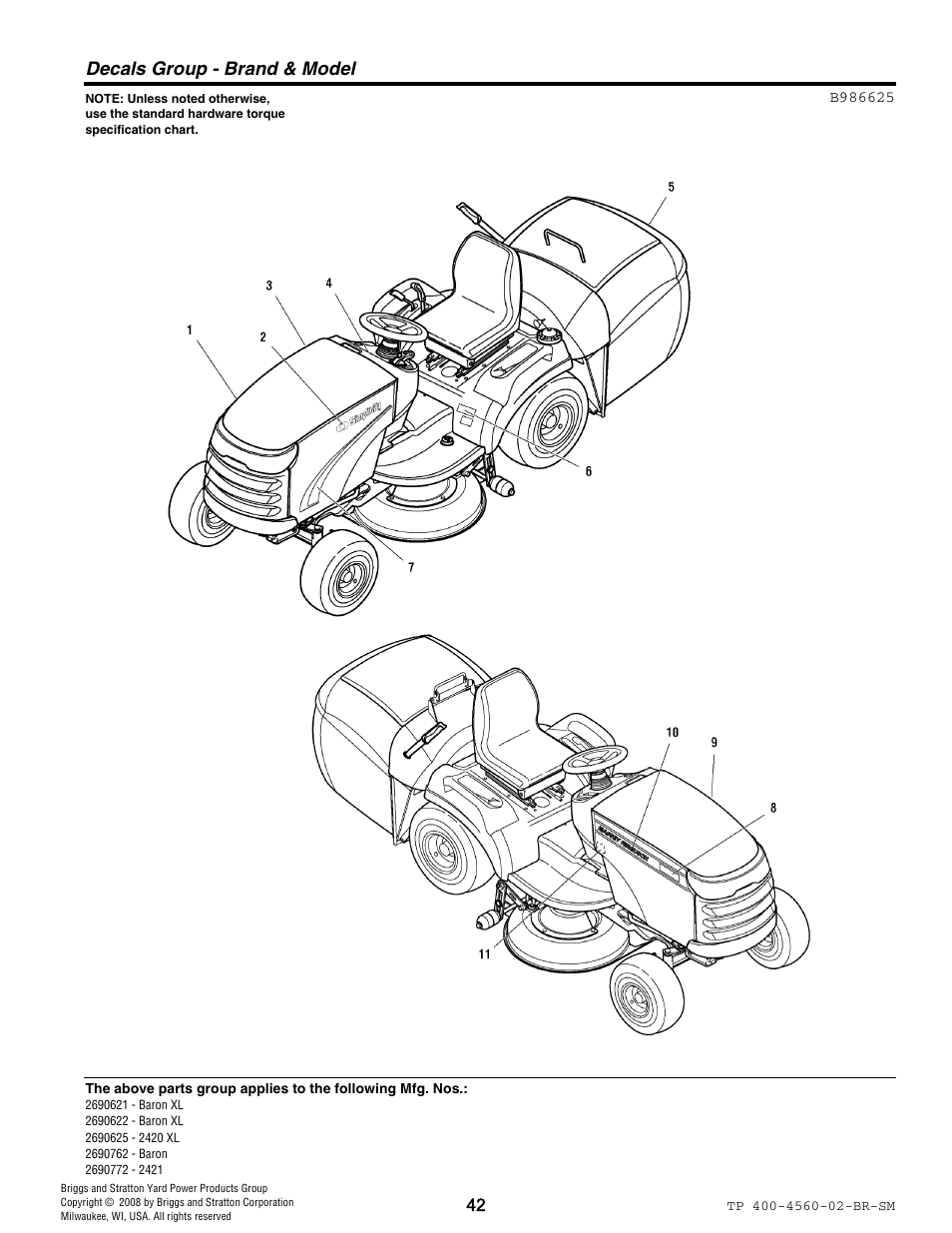 Decals group - brand & model | Snapper 4560 User Manual | Page 42 / 58