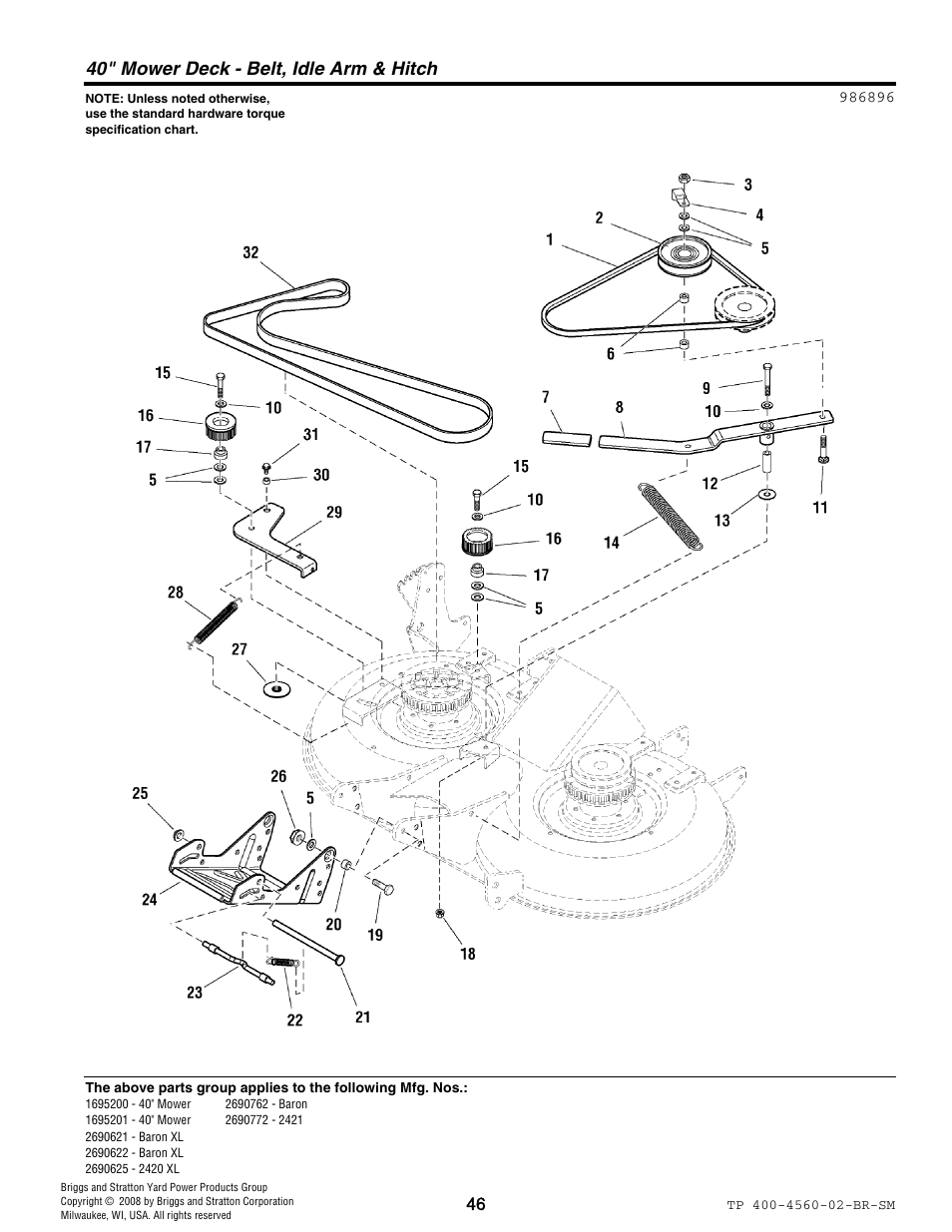 40" mower deck - belt, idle arm & hitch | Snapper 4560 User Manual | Page 46 / 58
