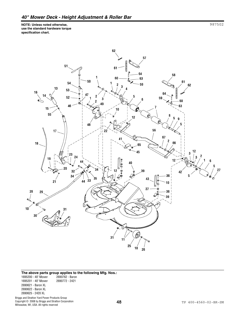40" mower deck - height adjustment & roller bar | Snapper 4560 User Manual | Page 48 / 58